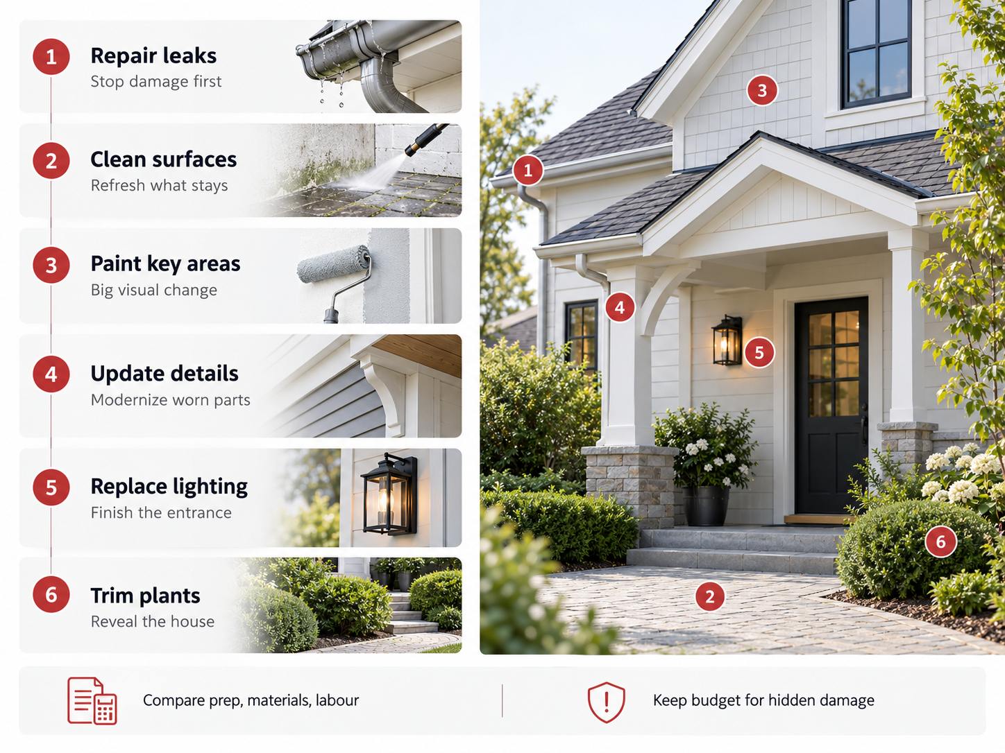 Infographic showing six home exterior improvement priorities, from repairs and cleaning to painting, lighting, and landscaping.