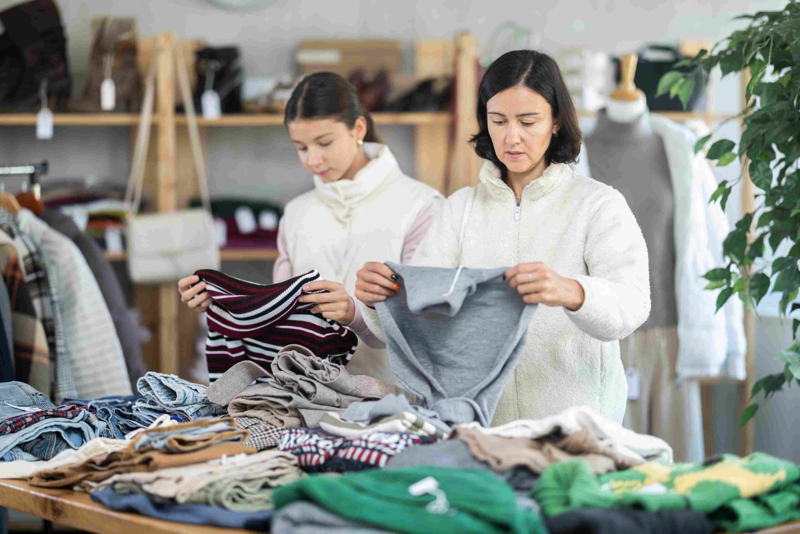 Two women examining different garments and fabric textures in a clothing workshop.