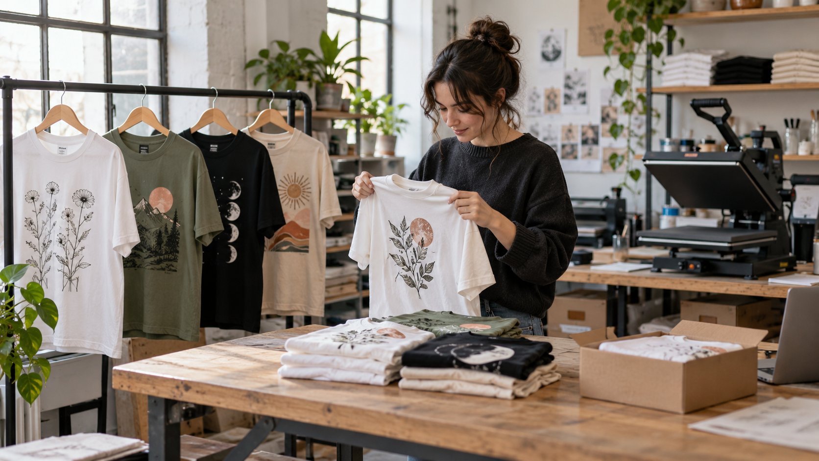 Fashion designer inspecting a printed T-shirt in a small apparel studio with custom shirts, folded garments, and a heat press.