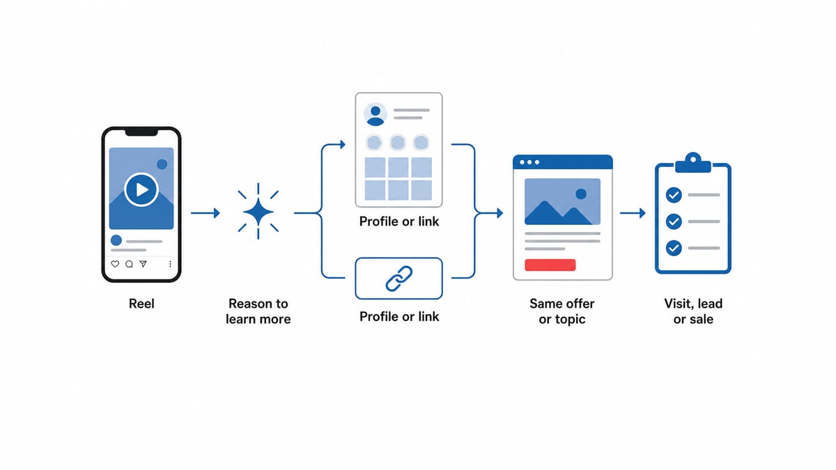 Flowchart from Reel to profile or link, same offer destination, and recorded visit, lead or sale