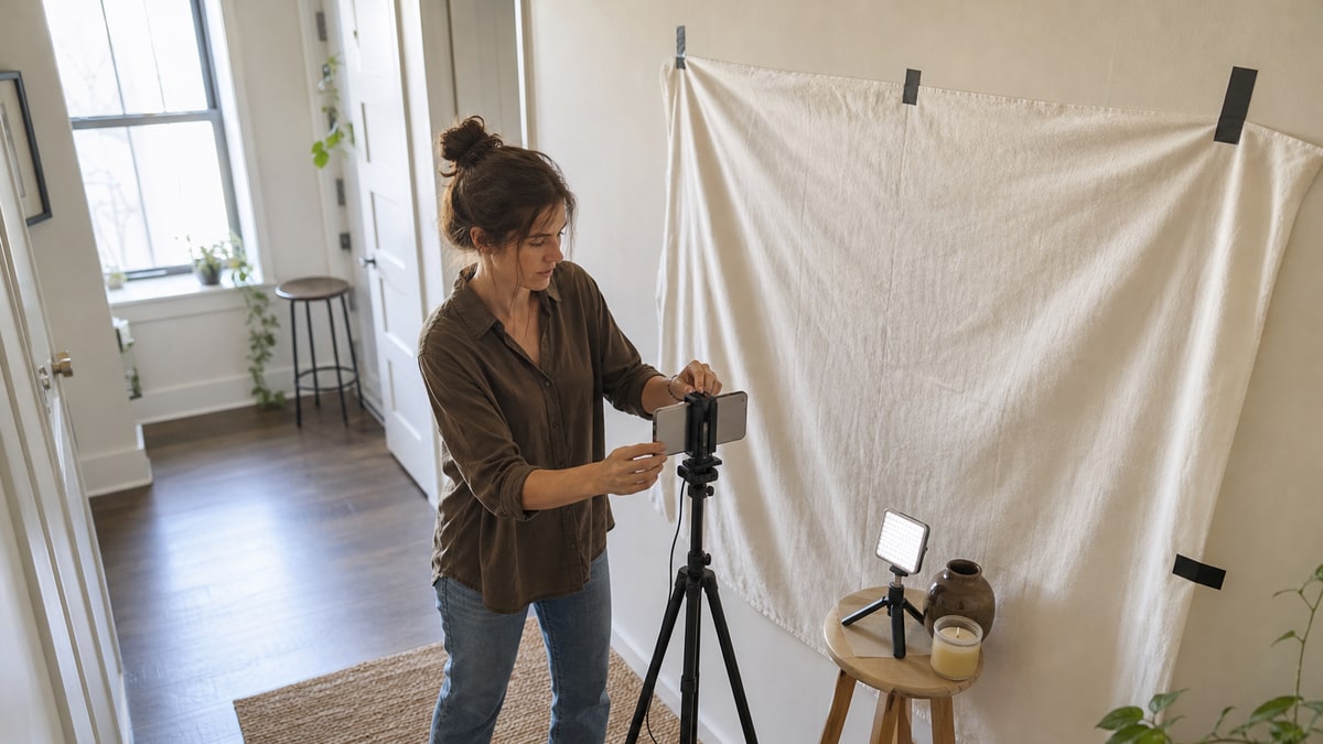 Creator adjusts a smartphone tripod beside a simple fabric backdrop in a bright hallway