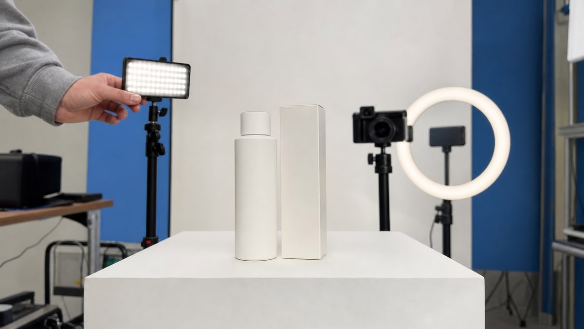 Unbranded bottle and box centered on a pedestal with blurred filming lights behind them