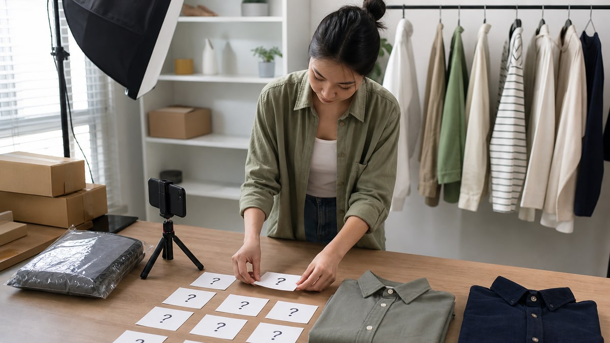 Creator arranges question-mark cards beside clothing samples and a phone on a studio table