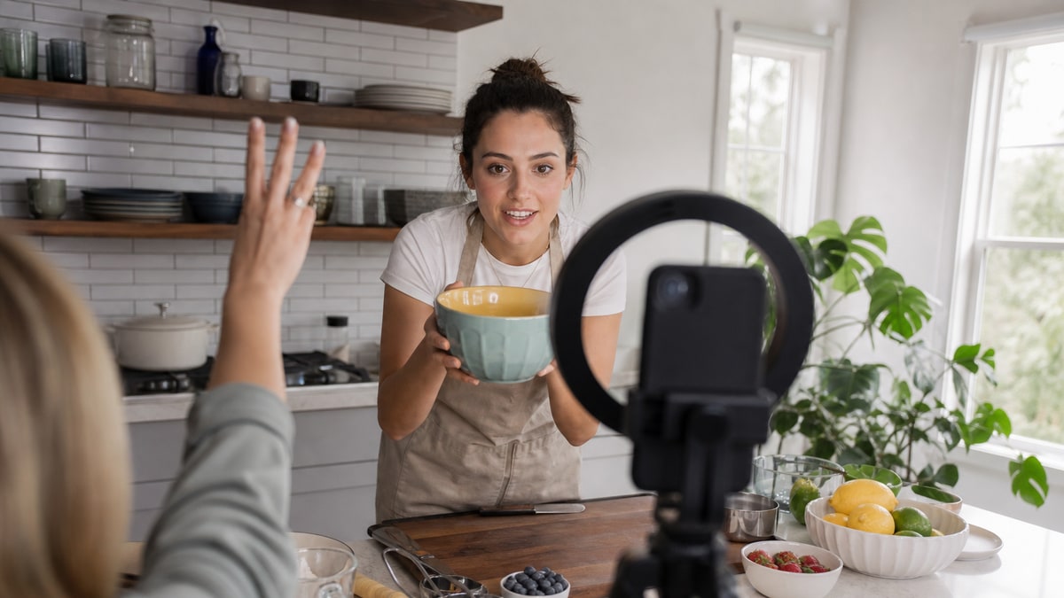 Creator begins filming a kitchen tutorial with a phone on a tripod and a ring light